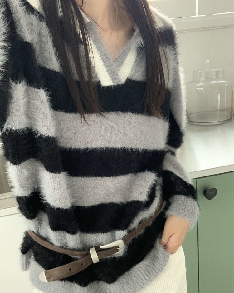 (現)美色粗條紋毛絨質感毛衣