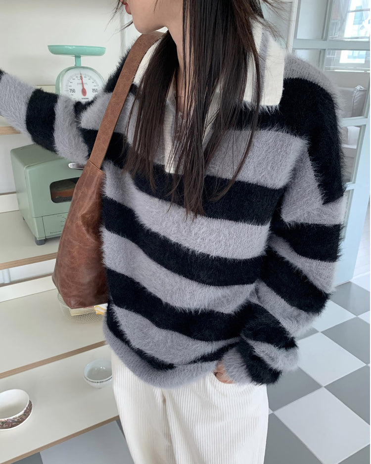 (現)美色粗條紋毛絨質感毛衣