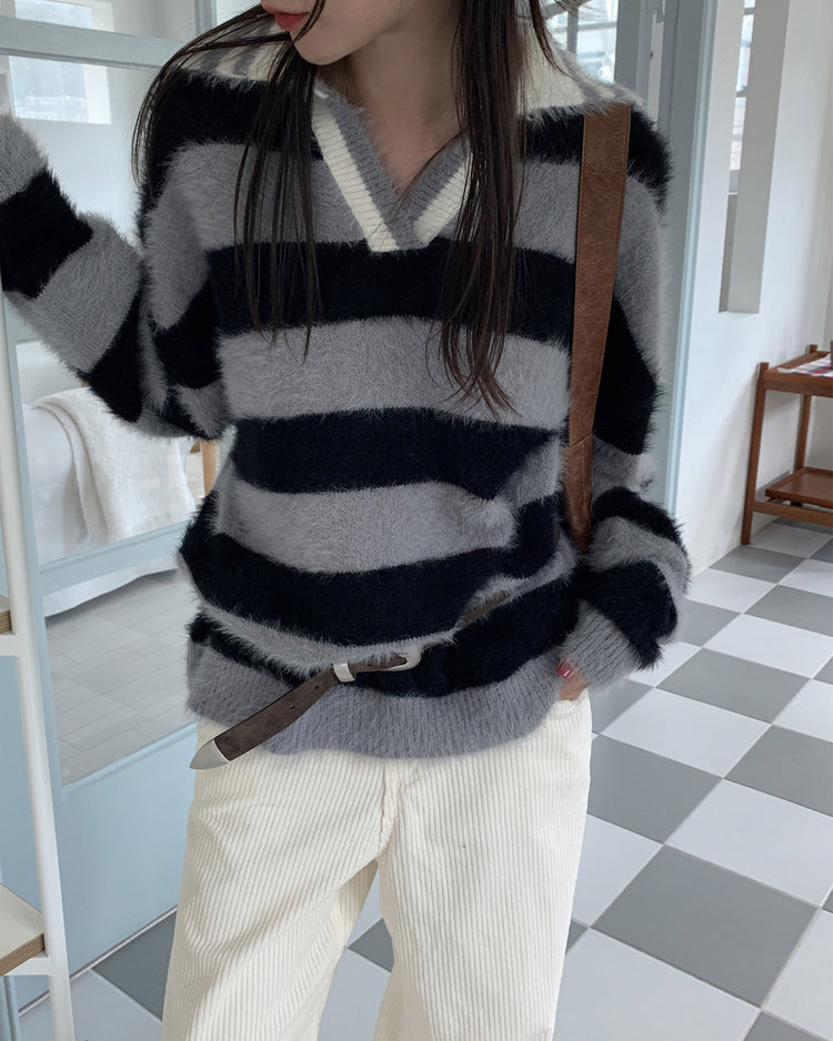 (現)美色粗條紋毛絨質感毛衣