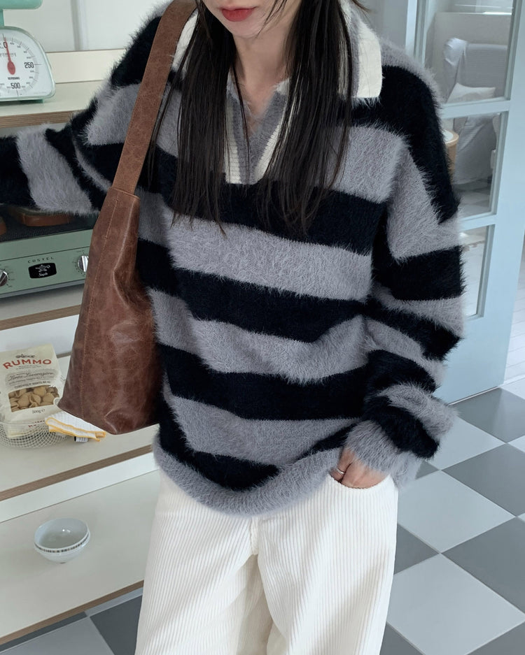 (現)美色粗條紋毛絨質感毛衣