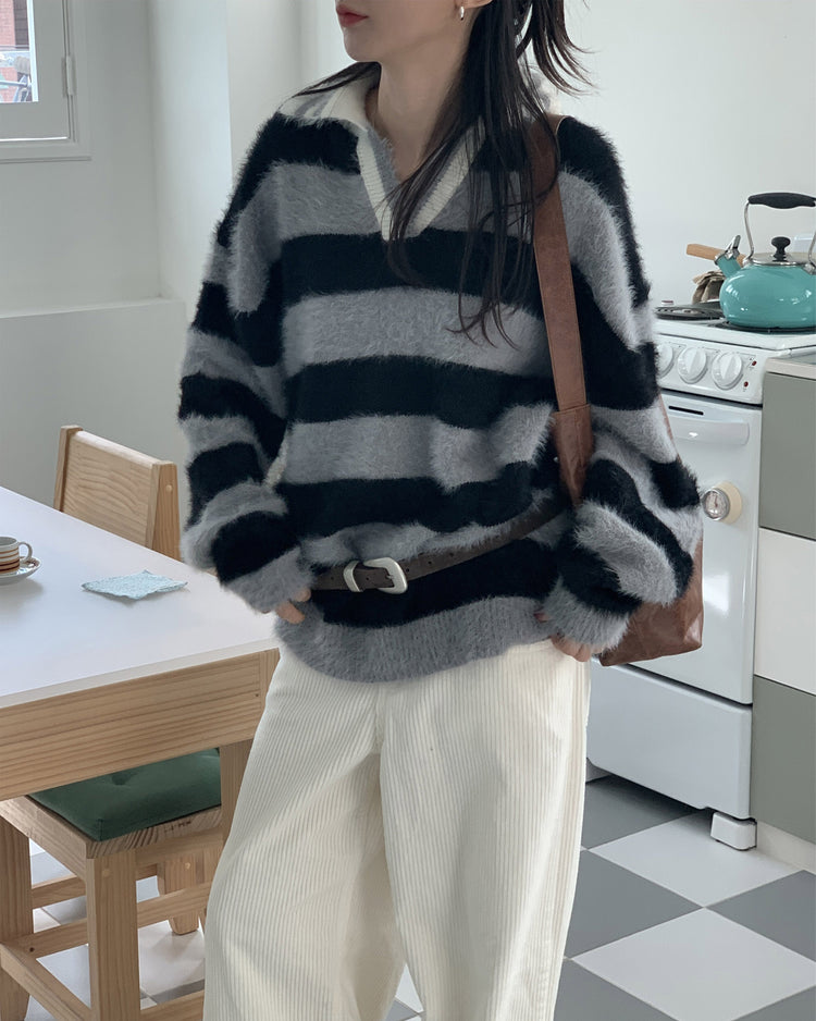 (現)美色粗條紋毛絨質感毛衣