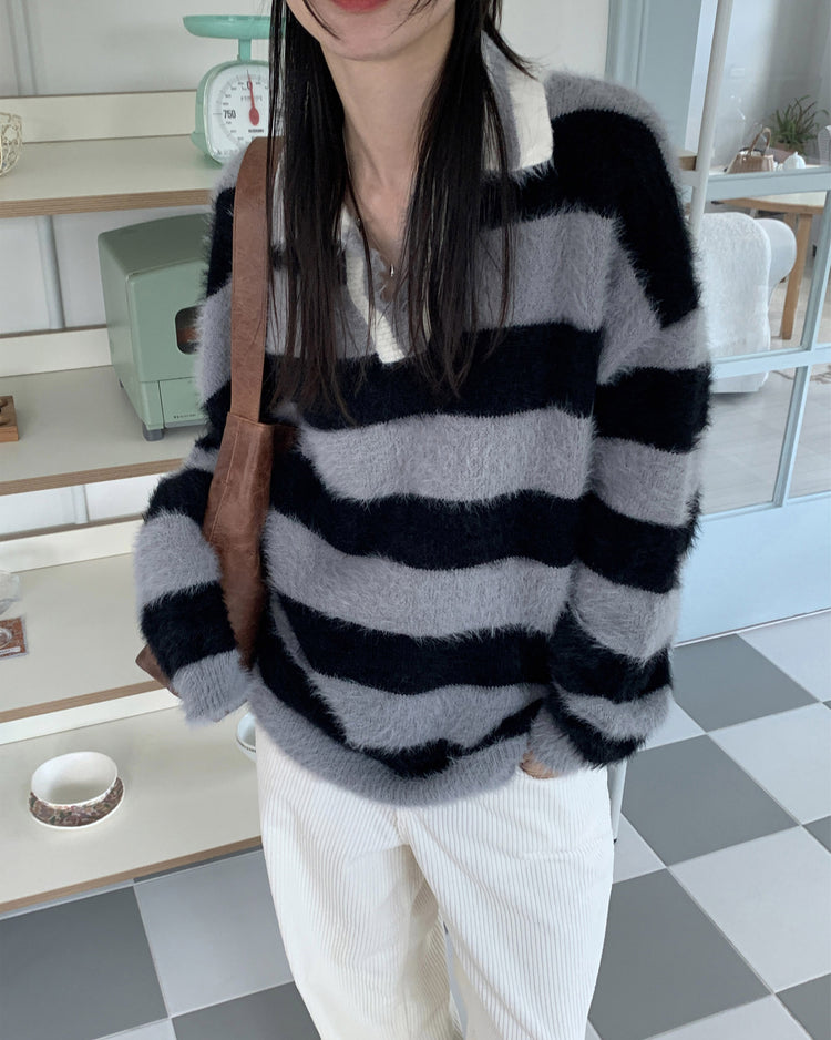 (現)美色粗條紋毛絨質感毛衣