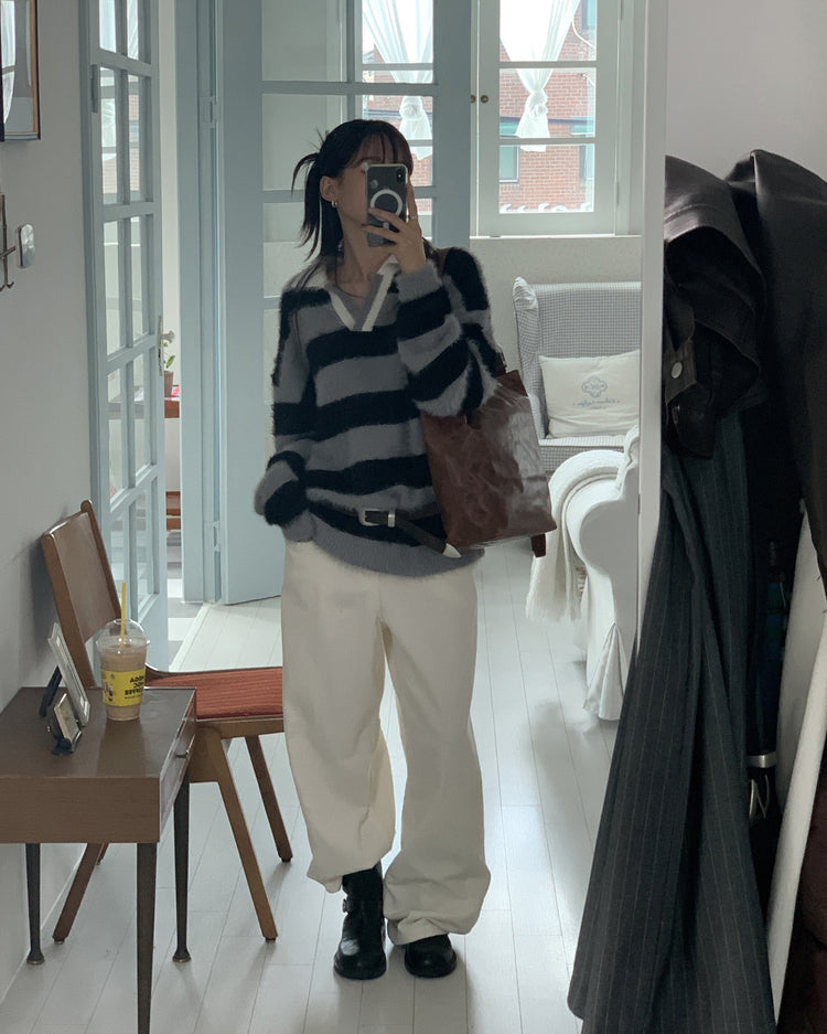 (現)美色粗條紋毛絨質感毛衣