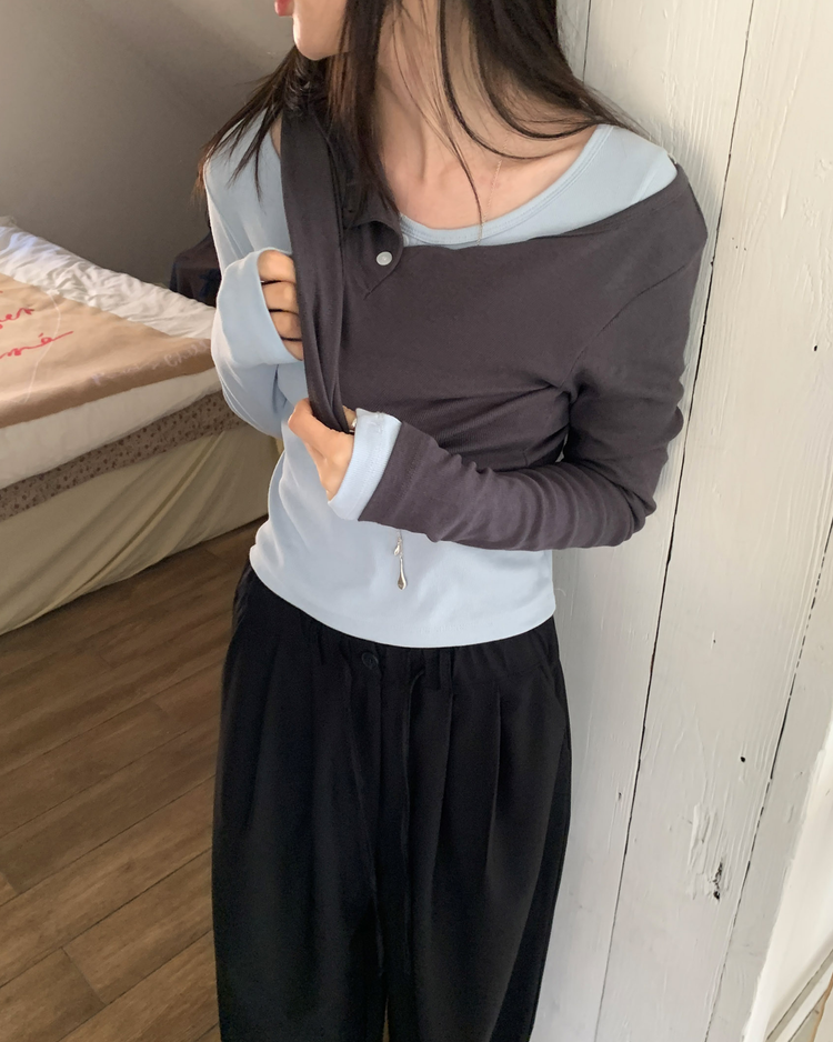 美色圓領半扣鈕細節上衣