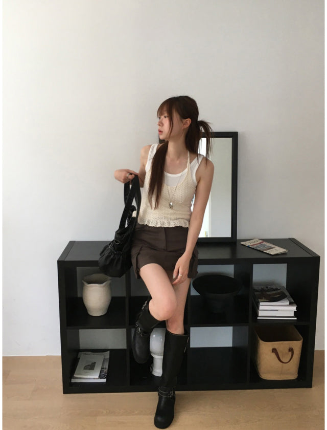 鈎織細節掛脖綁帶上衣