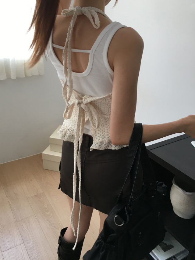 鈎織細節掛脖綁帶上衣