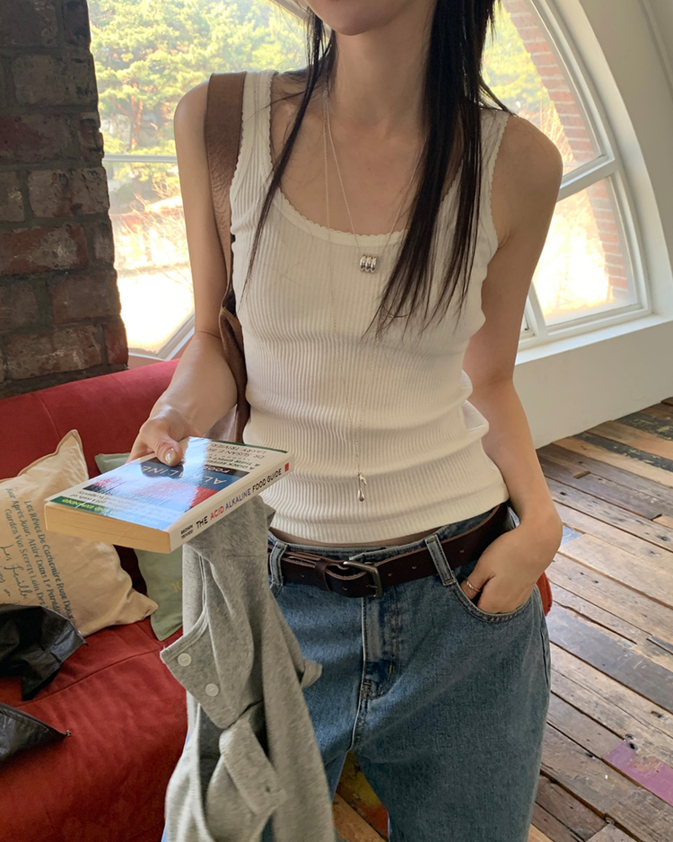 蕾絲邊細節條紋背心