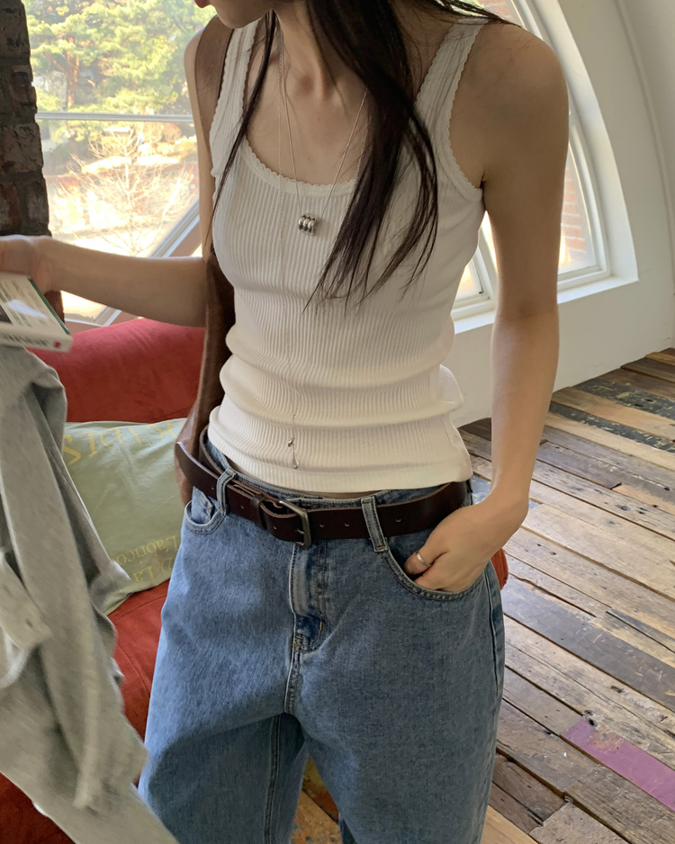 蕾絲邊細節條紋背心
