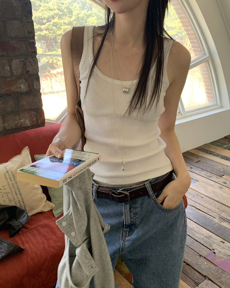 蕾絲邊細節條紋背心
