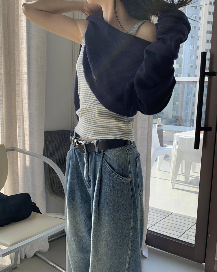蕾絲邊細節條紋背心