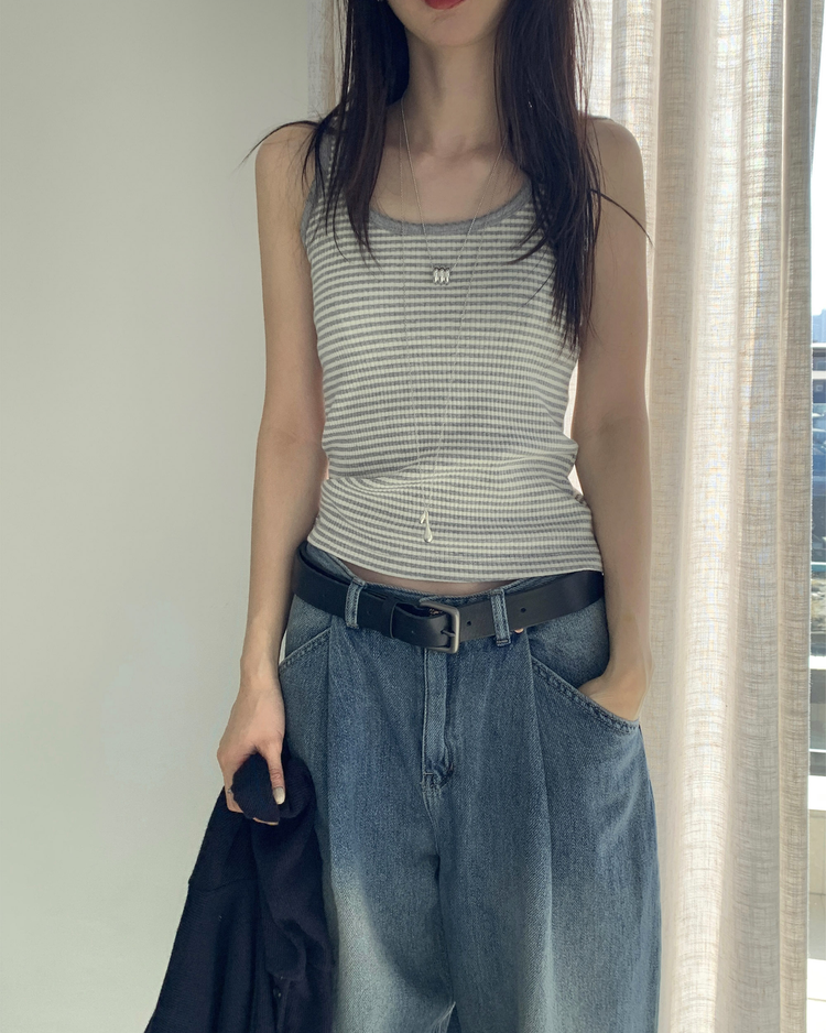 蕾絲邊細節條紋背心