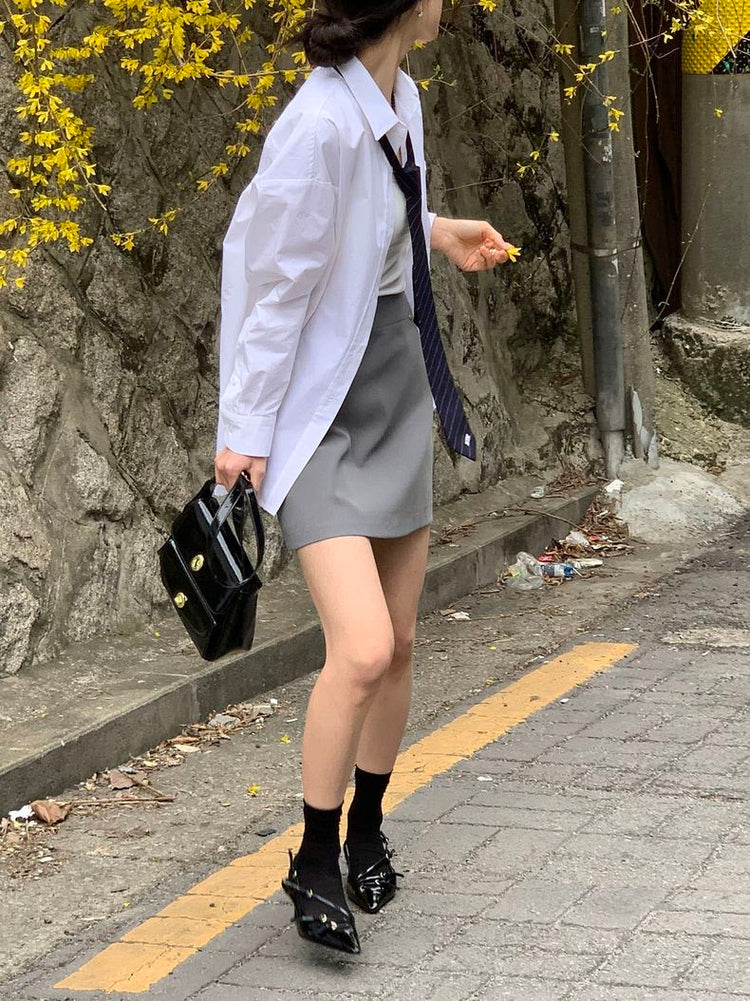 (現)高質條紋側扣後開叉襯衫