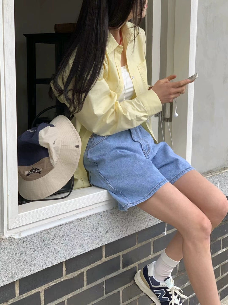 (現)高質條紋側扣後開叉襯衫