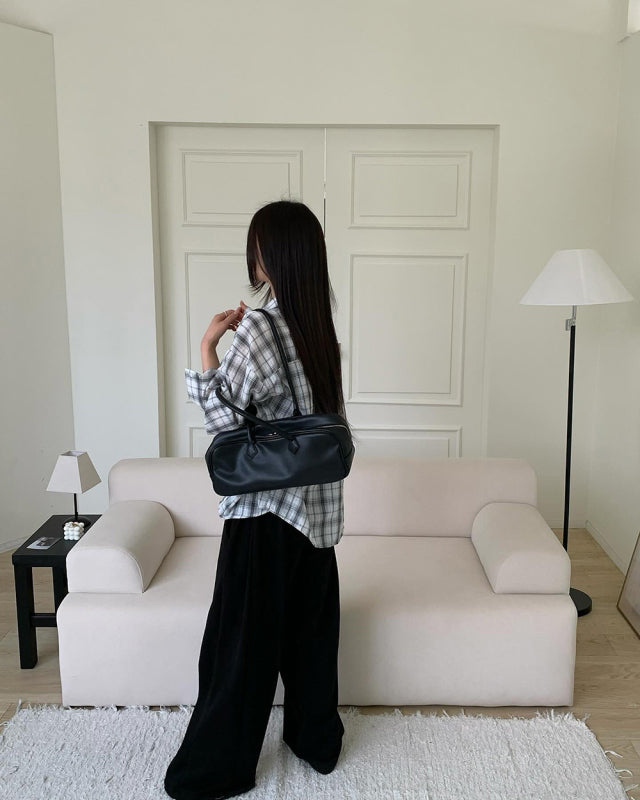 輕薄皺皺格紋細節寬鬆襯衫