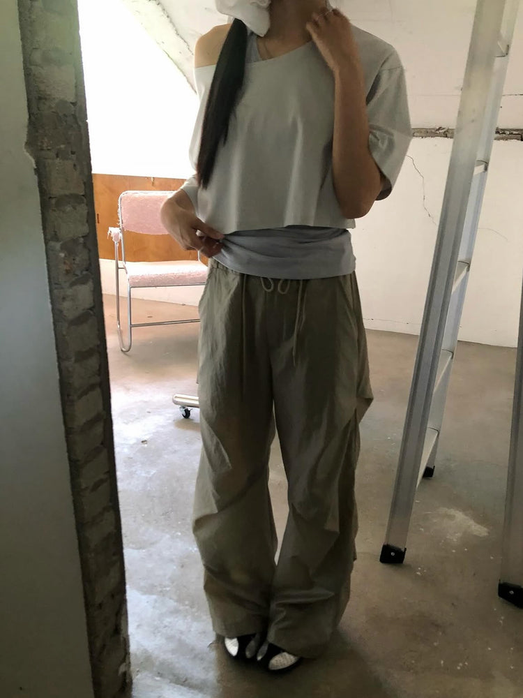 美肩條紋掛脖兩件式上衣