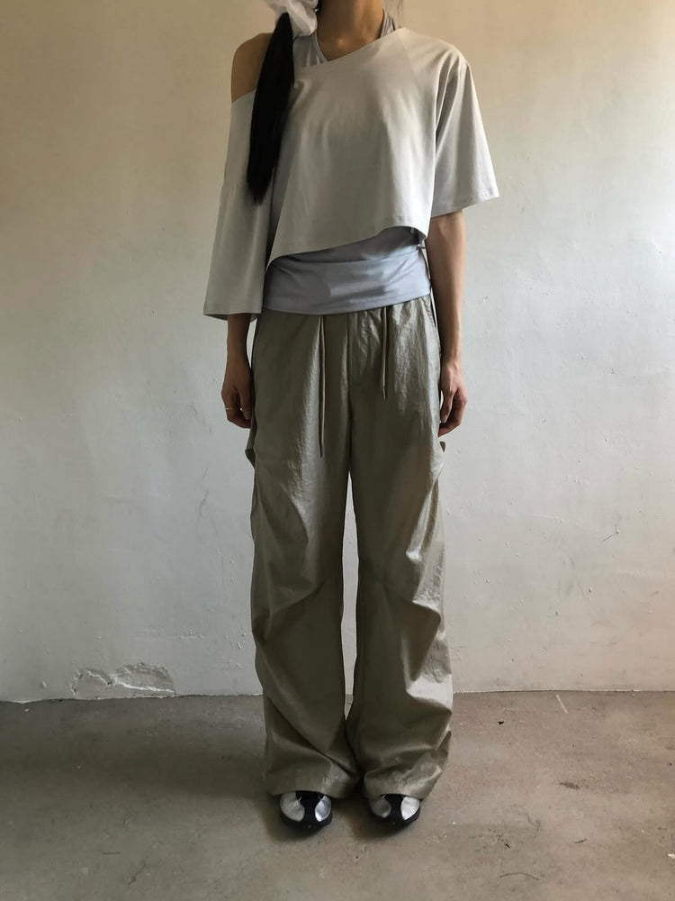 美肩條紋掛脖兩件式上衣