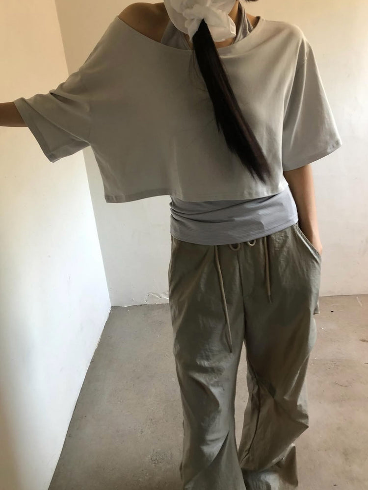 美肩條紋掛脖兩件式上衣