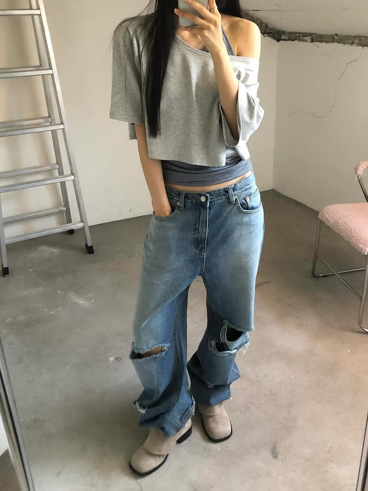 美肩條紋掛脖兩件式上衣