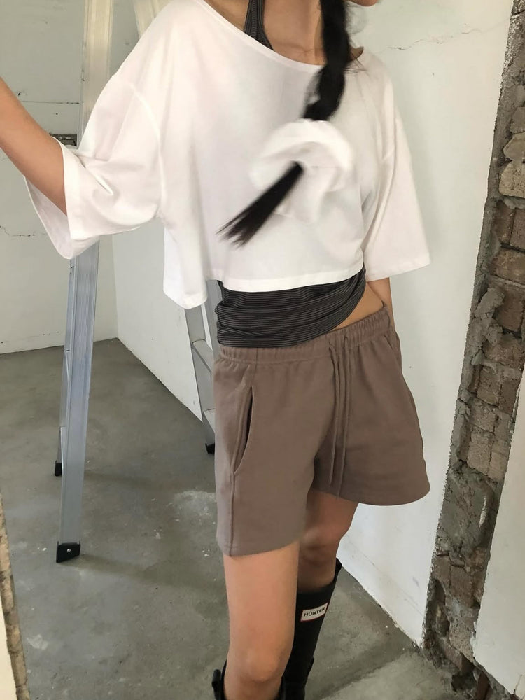 美肩條紋掛脖兩件式上衣