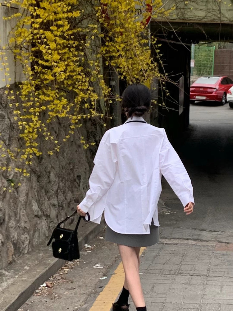 (現)高質條紋側扣後開叉襯衫