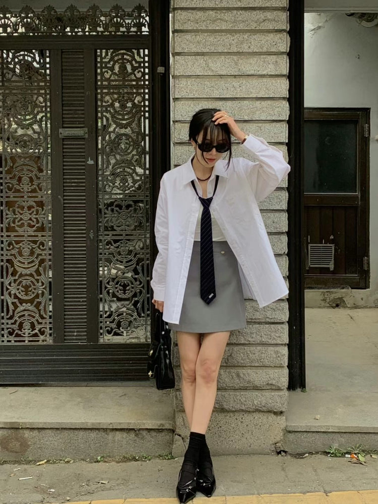 (現)高質條紋側扣後開叉襯衫