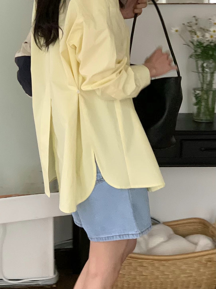 (現)高質條紋側扣後開叉襯衫