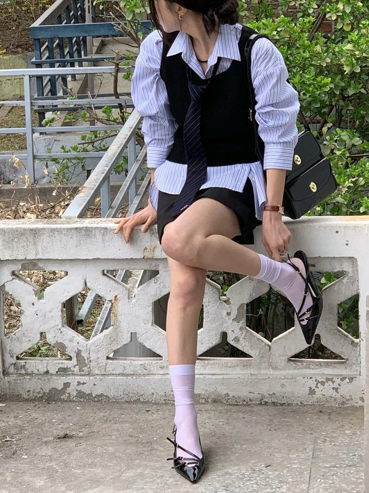 (現)高質條紋側扣後開叉襯衫
