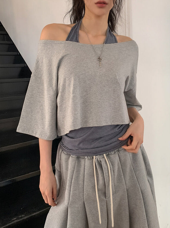 美肩條紋掛脖兩件式上衣