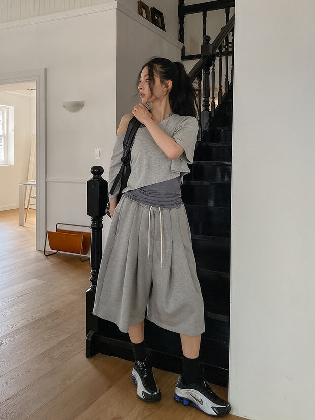 美肩條紋掛脖兩件式上衣