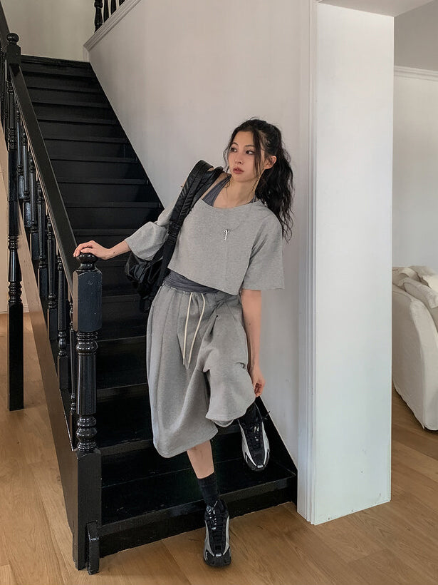美肩條紋掛脖兩件式上衣
