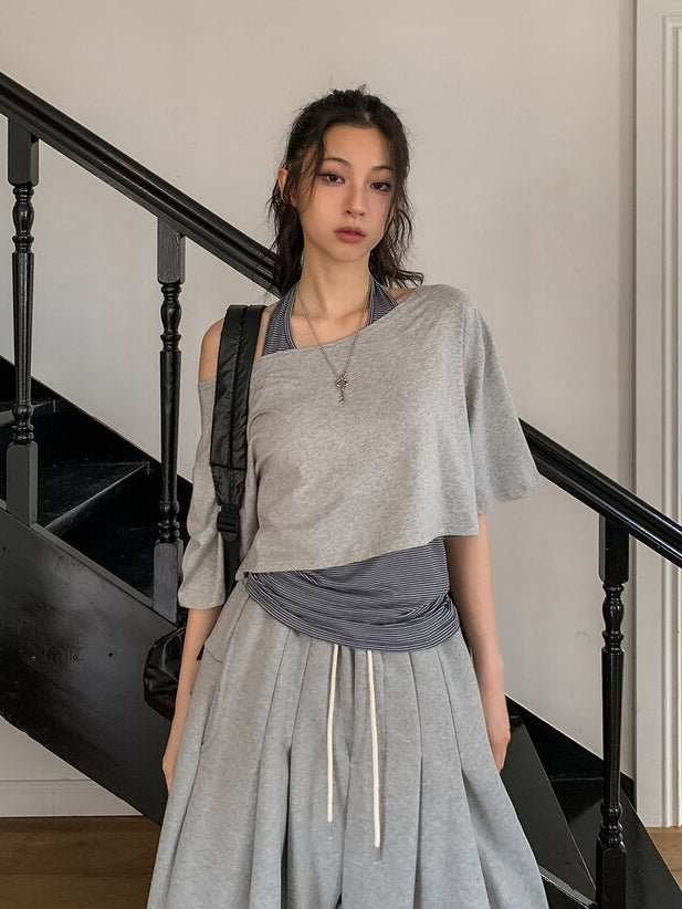 美肩條紋掛脖兩件式上衣