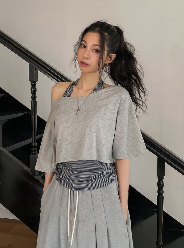 美肩條紋掛脖兩件式上衣