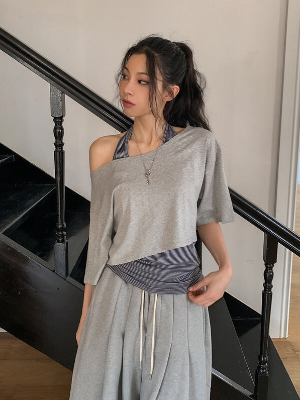 美肩條紋掛脖兩件式上衣