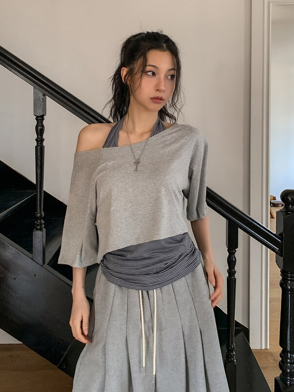 美肩條紋掛脖兩件式上衣