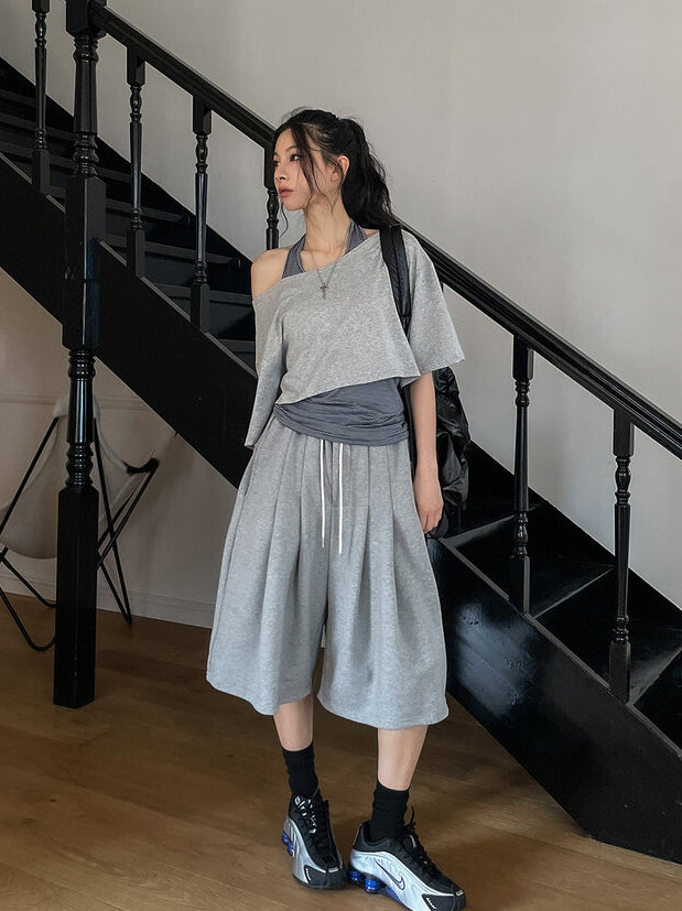 美肩條紋掛脖兩件式上衣
