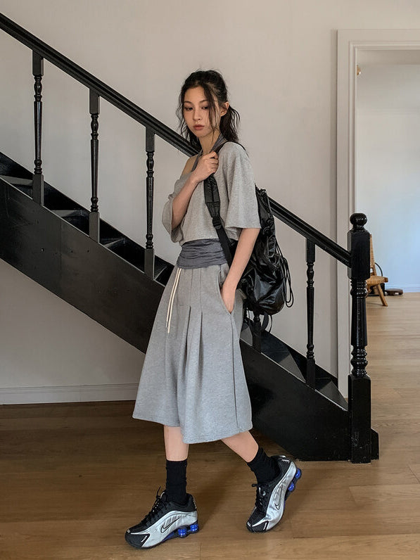美肩條紋掛脖兩件式上衣