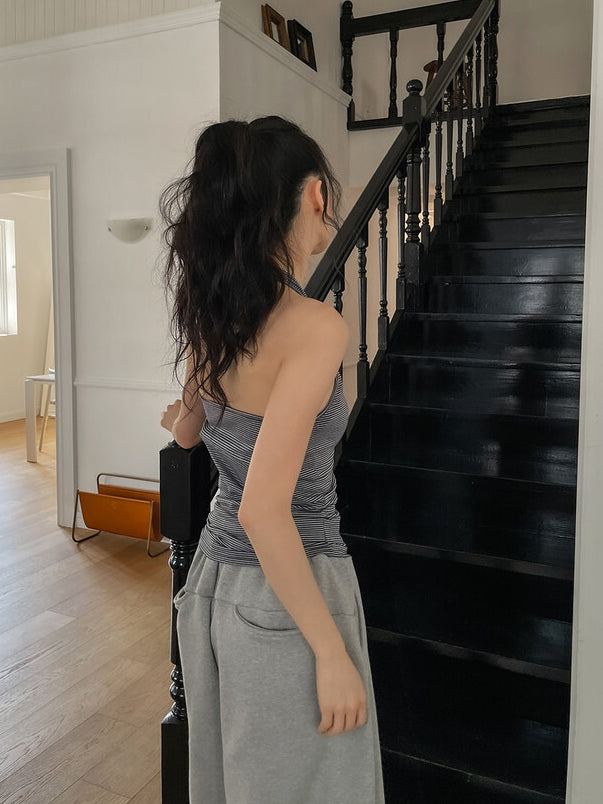 美肩條紋掛脖兩件式上衣
