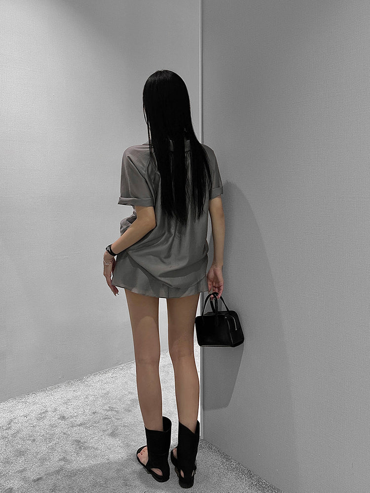 霧面微透膚襯衫套裝(附髮圈)