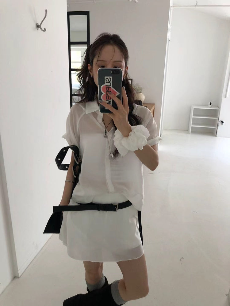 霧面微透膚襯衫套裝(附髮圈)
