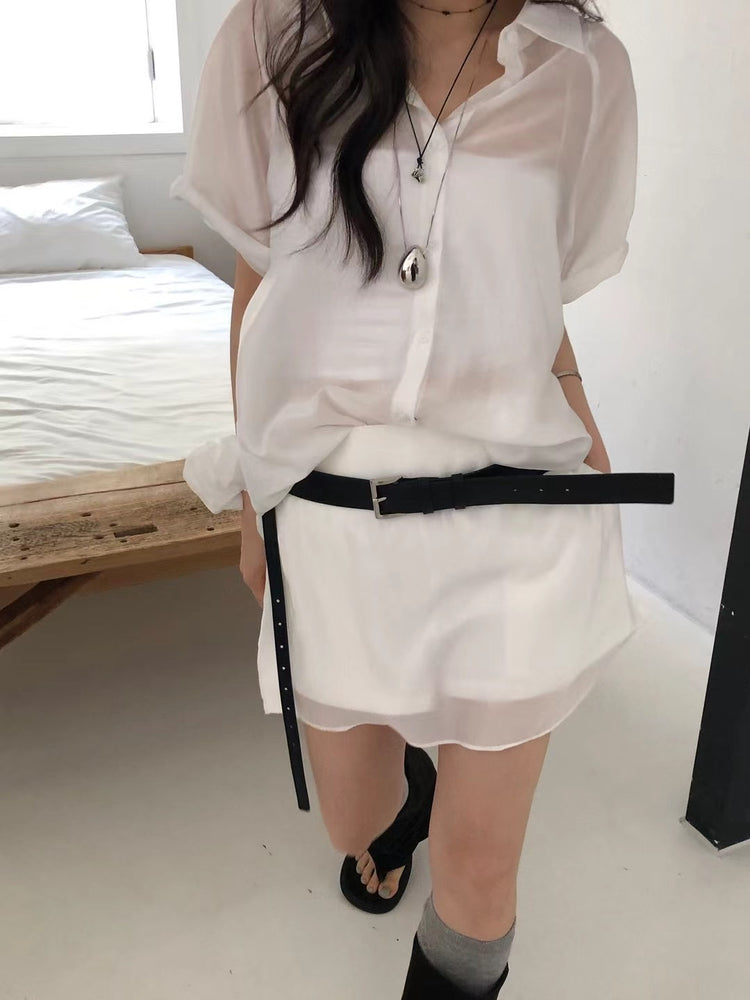 霧面微透膚襯衫套裝(附髮圈)
