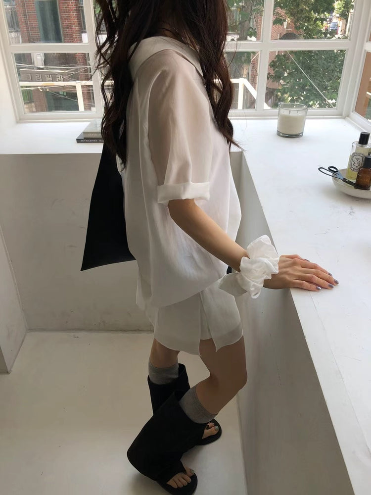 霧面微透膚襯衫套裝(附髮圈)