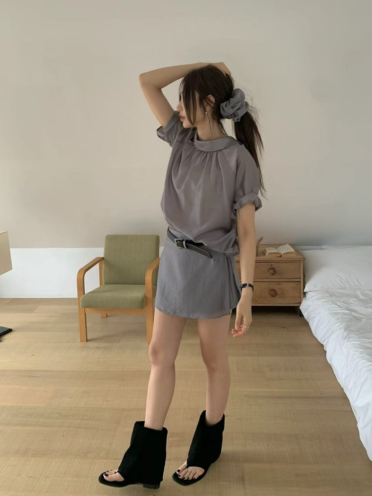 霧面微透膚襯衫套裝(附髮圈)