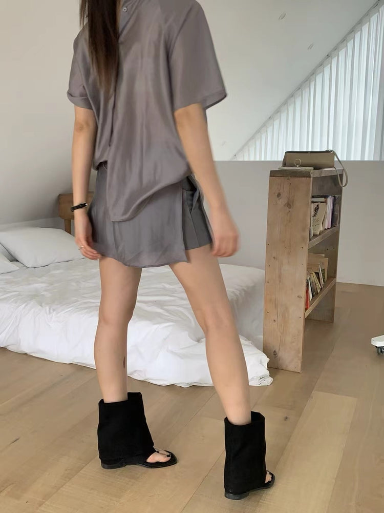 霧面微透膚襯衫套裝(附髮圈)
