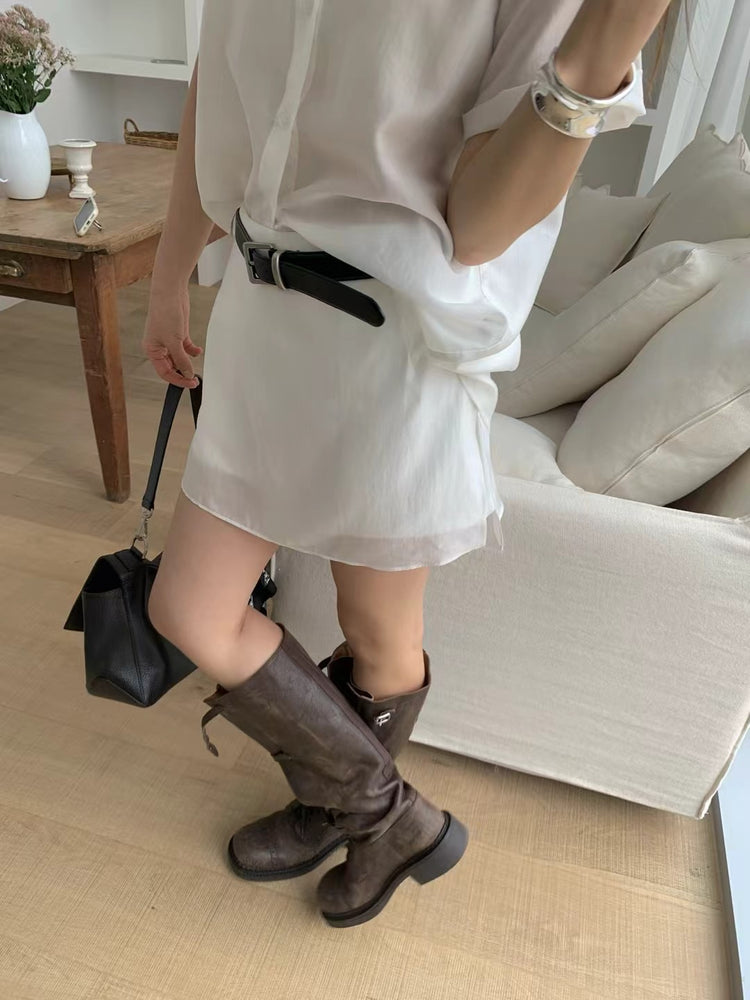霧面微透膚襯衫套裝(附髮圈)