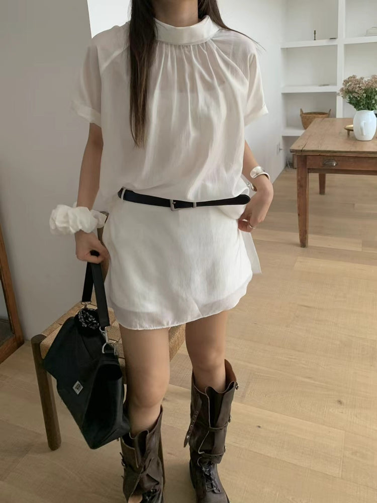 霧面微透膚襯衫套裝(附髮圈)