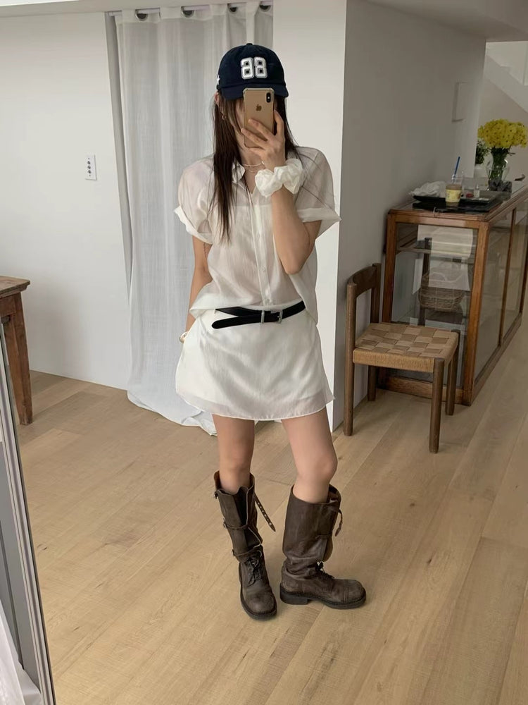 霧面微透膚襯衫套裝(附髮圈)