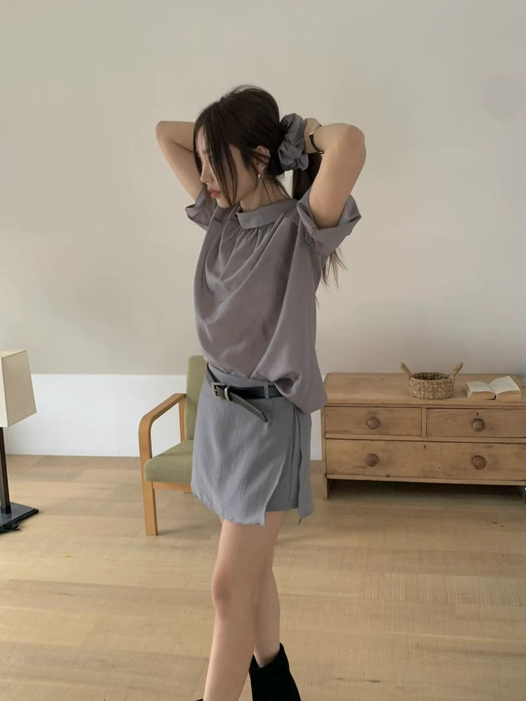 霧面微透膚襯衫套裝(附髮圈)
