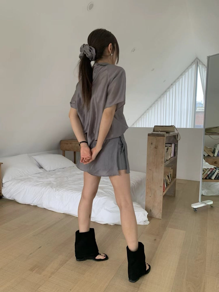 霧面微透膚襯衫套裝(附髮圈)