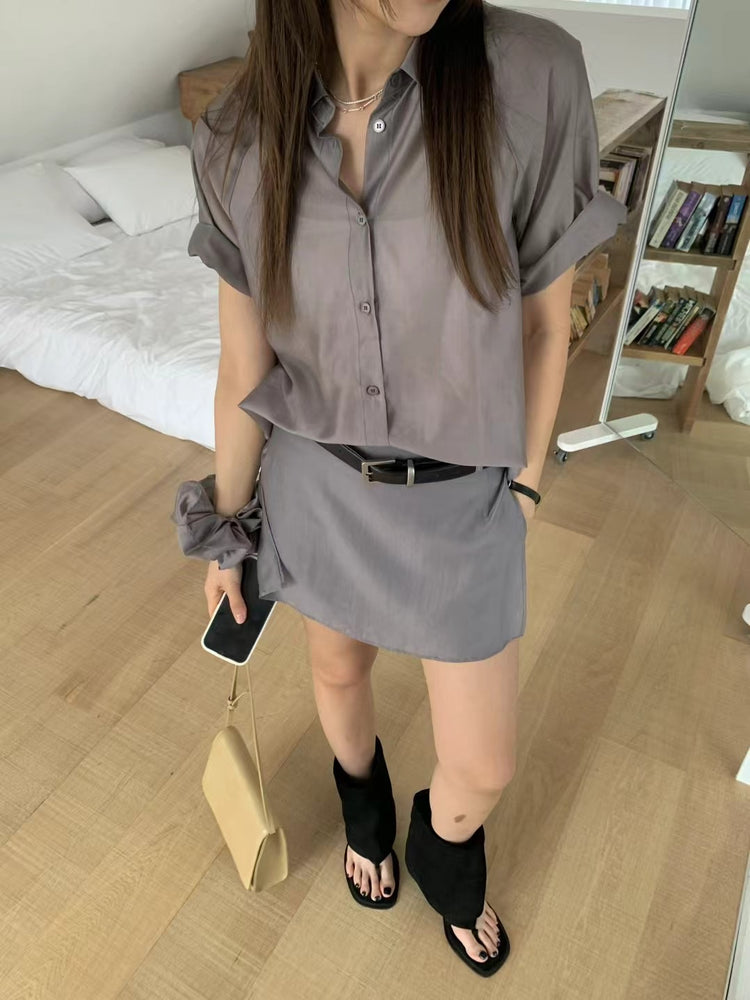 霧面微透膚襯衫套裝(附髮圈)