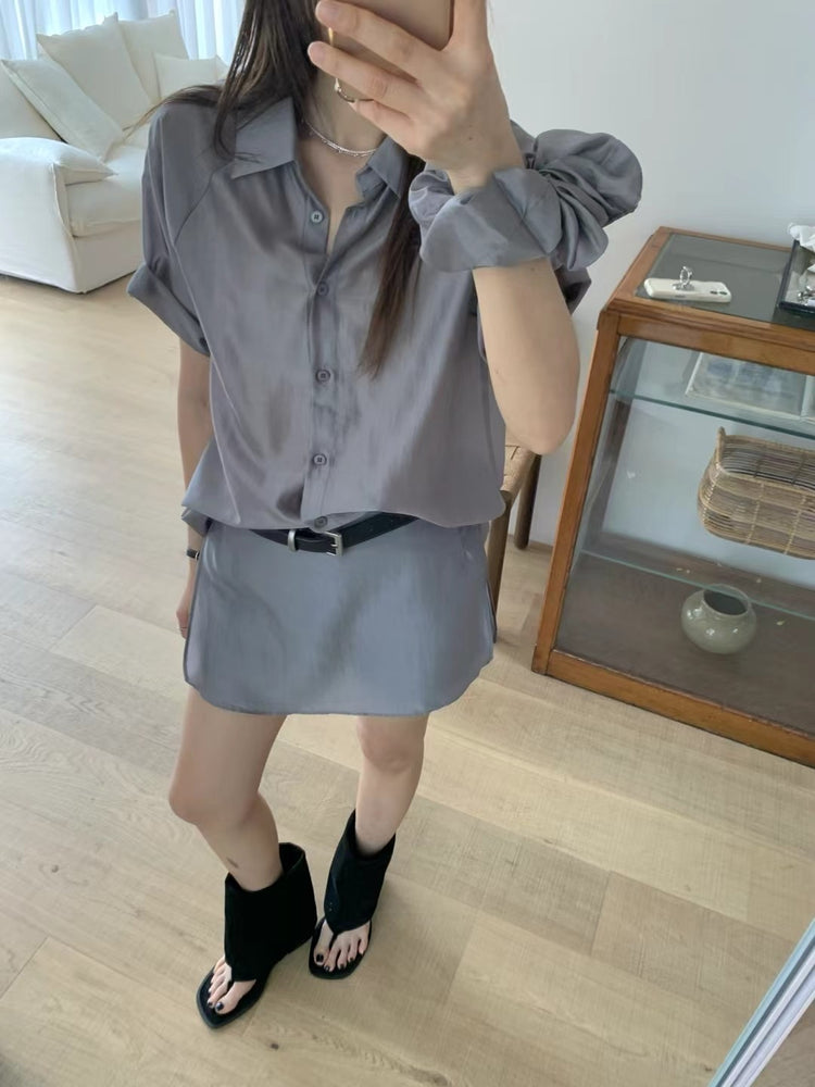 霧面微透膚襯衫套裝(附髮圈)